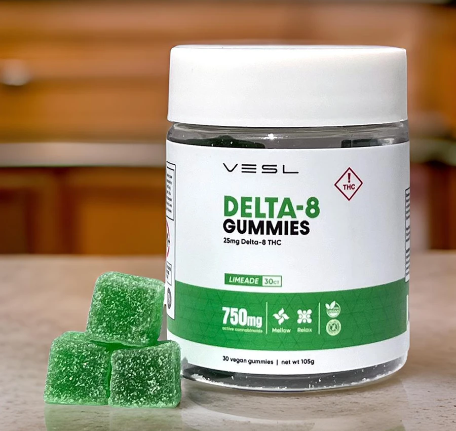 A jar of Vesl Oils Delta-8 Gummies in limeade flavor, containing 30 vegan gummies with 25mg of Delta-8 THC per gummy.