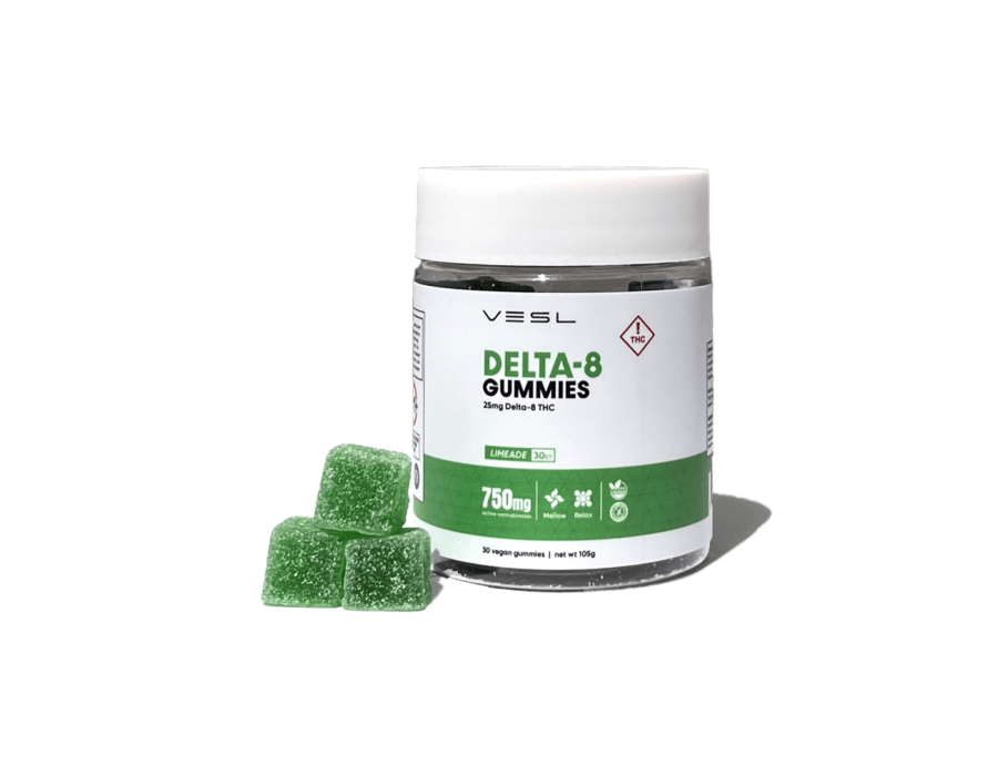 Vesl Oils Delta-8 Gummies, limeade flavor, with 30 vegan gummies containing 25mg of Delta-8 THC each.