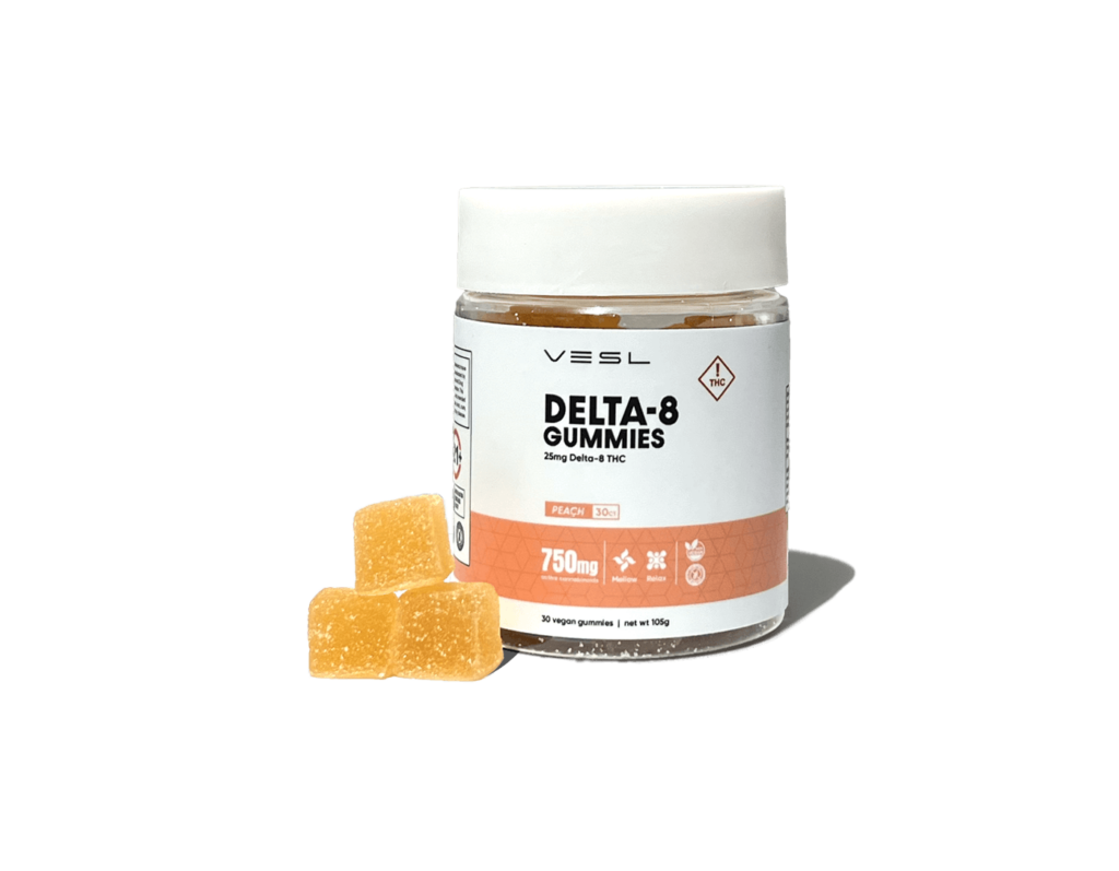 Vesl Oils Delta-8 Gummies, peach flavor, with 30 vegan gummies containing 25mg of Delta-8 THC each.