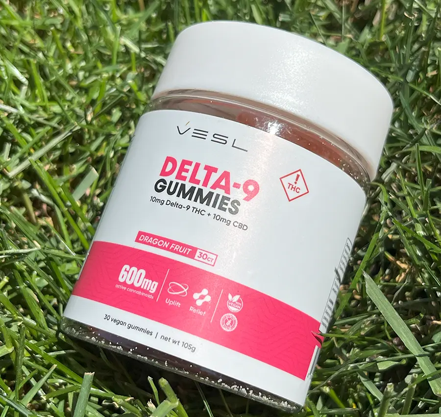 Vesl Oils Delta-9 CBD Gummies in dragon fruit flavor, featuring 10mg of CBD per gummy for a balanced wellness experience.