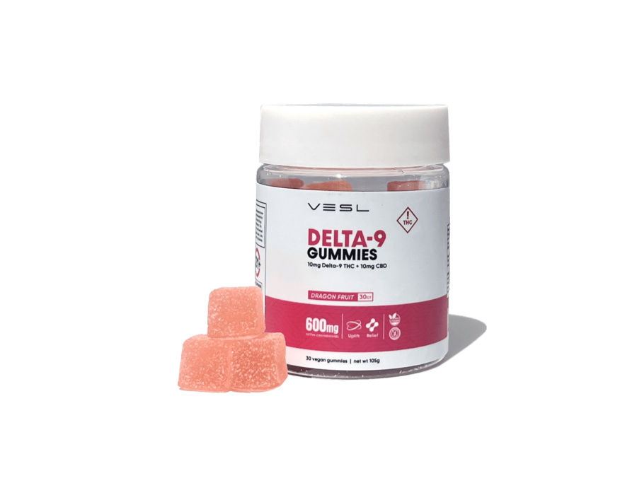 Vesl Oils Delta-9 CBD Gummies, featuring 10mg of CBD per gummy in a fruity flavor for balanced wellness.