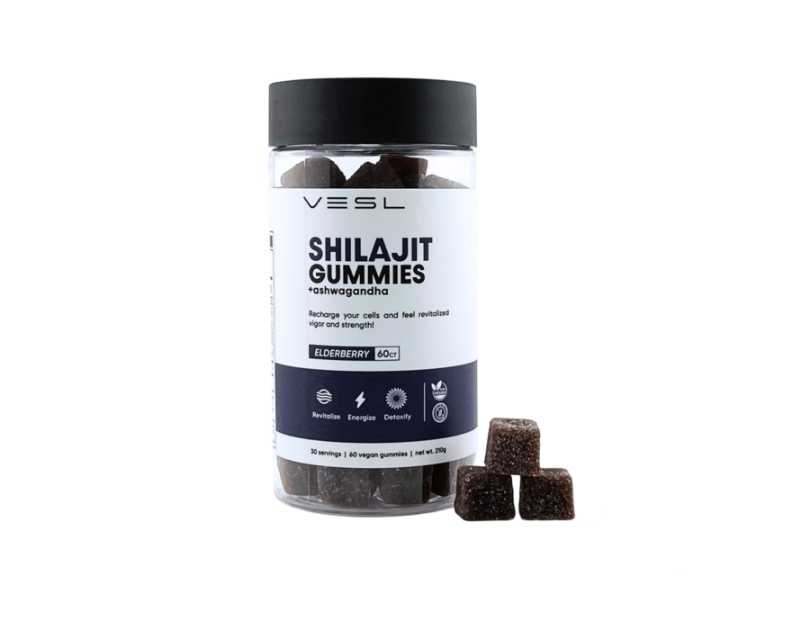 VESL Pure Himalayan Shilajit Gummies bottle featuring vegan-friendly, gluten-free, and non-GMO gummies packed with fulvic acid, antioxidants, and over 40 trace minerals.