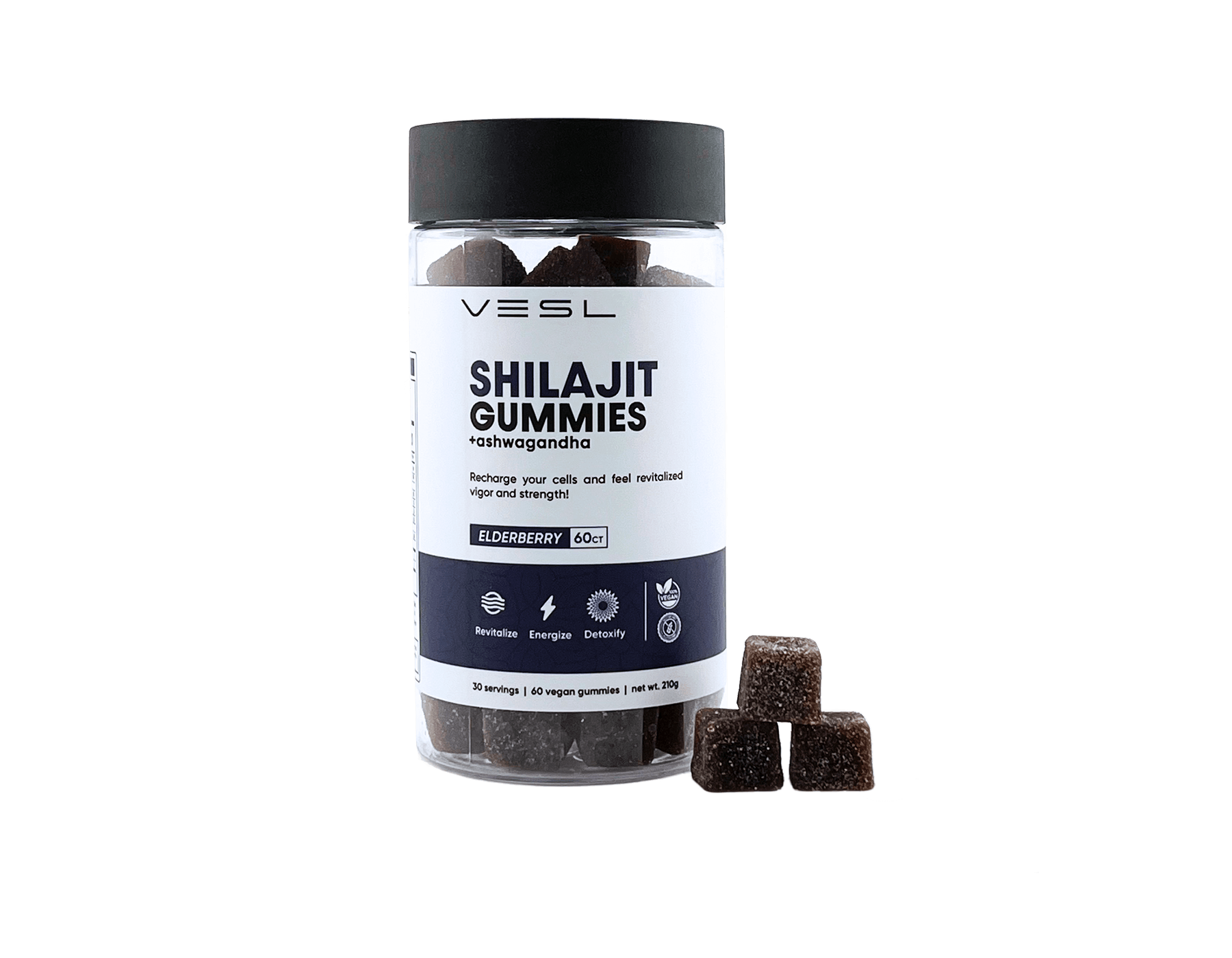 VESL Pure Himalayan Shilajit Gummies bottle featuring vegan-friendly, gluten-free, and non-GMO gummies packed with fulvic acid, antioxidants, and over 40 trace minerals.