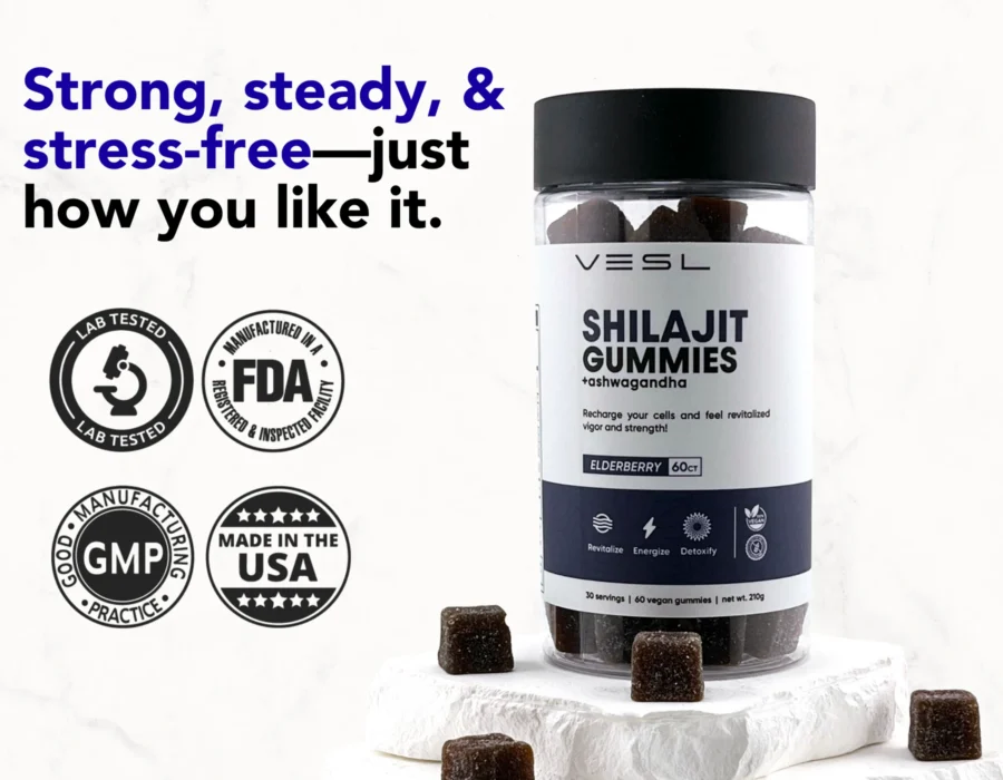 VESL Pure Himalayan Shilajit Gummies, lab-tested, FDA-approved, GMP-certified, and proudly made in the USA to ensure the highest quality and safety.